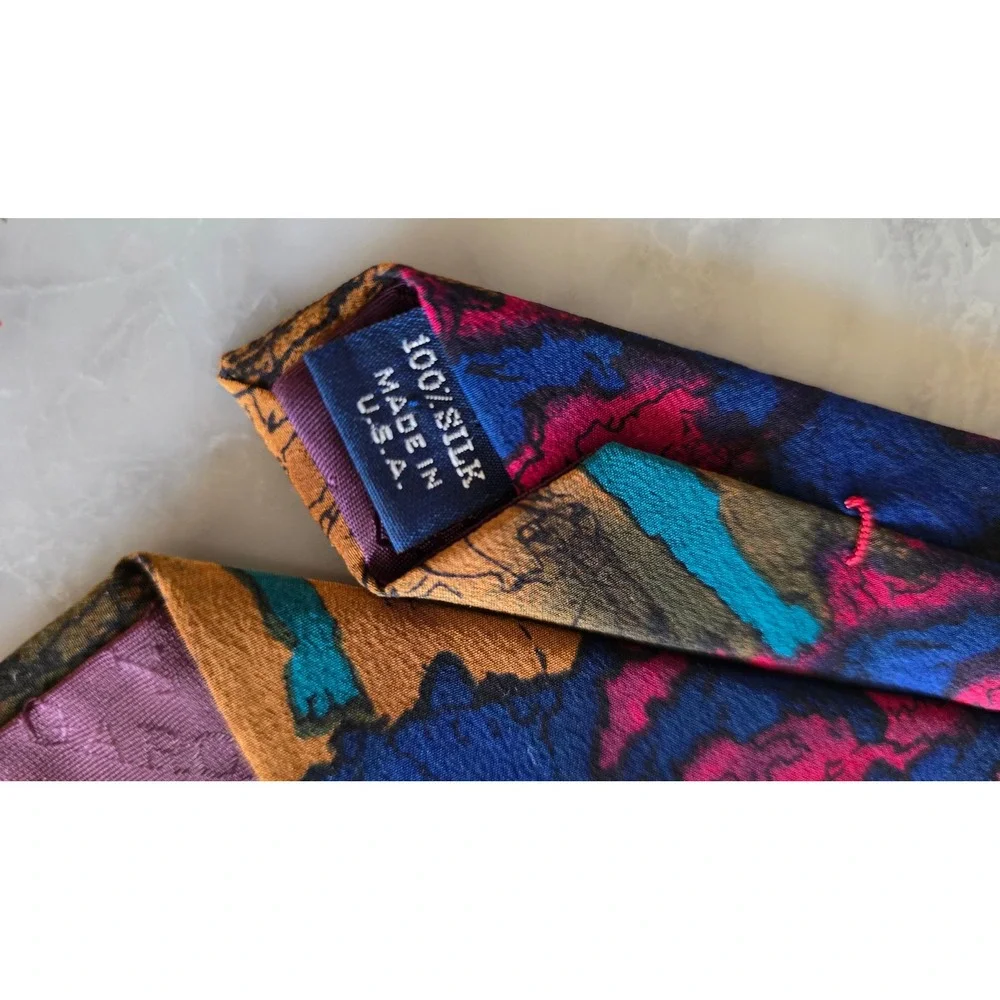 J. Garcia Mens Abstract Art Silk Tie Blue Magenta Gold Made in USA Jerry Garcia